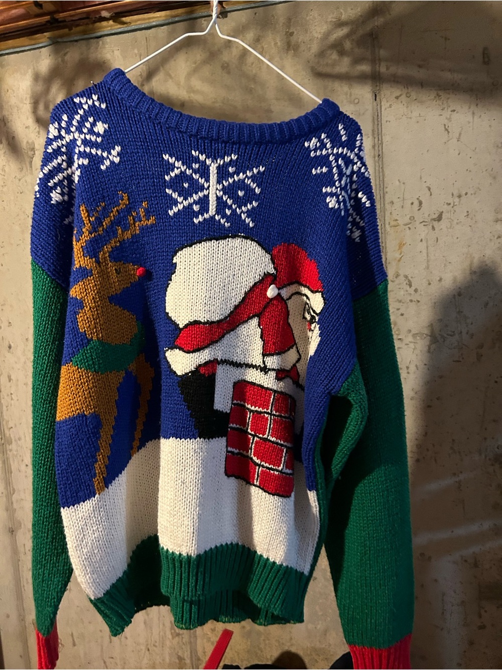 Vintage Blue & Green Knit Christmas Sweater with Santa and Reindeer